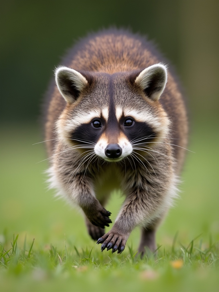 Raccoon runs swiftly across a grassy field