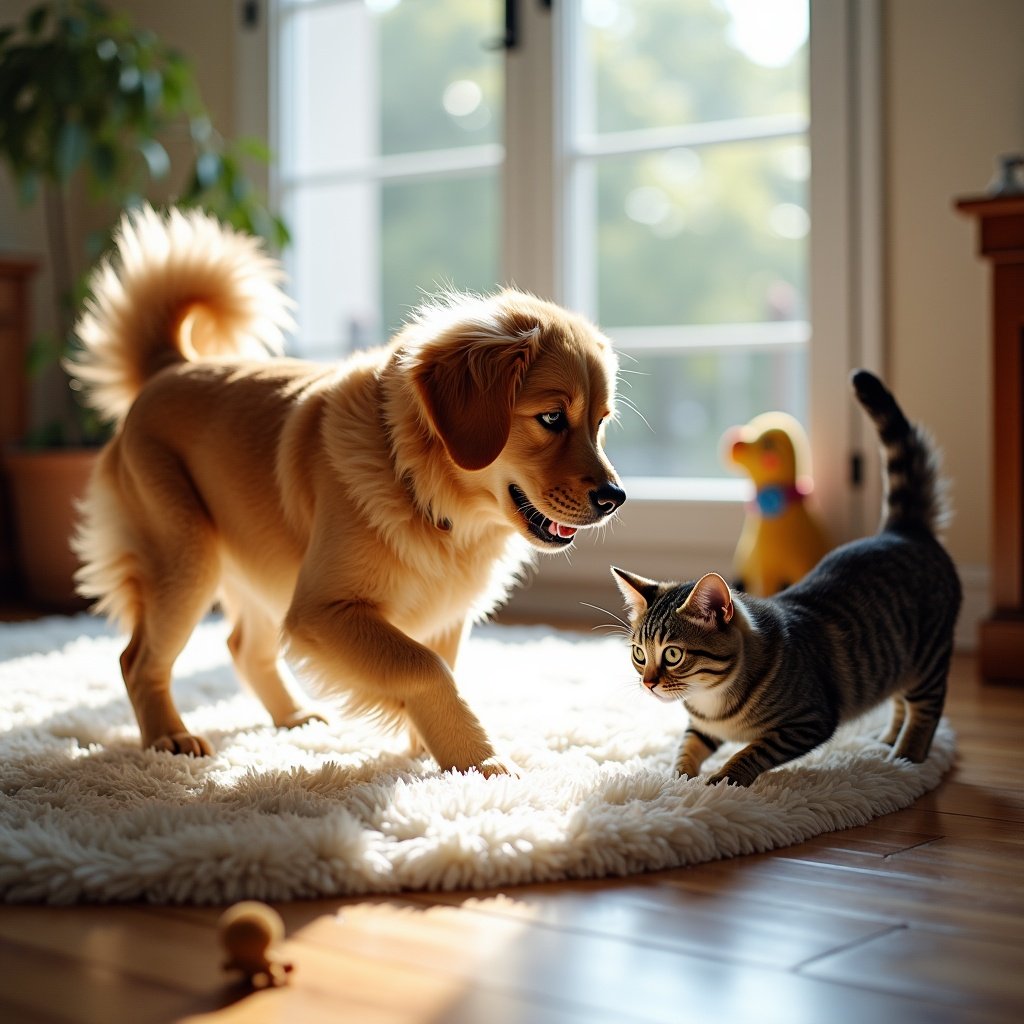 A playful dog and cat in a warm indoor setting. The dog is standing while the cat is looking at it. Soft lighting and cozy decor create a welcoming atmosphere.