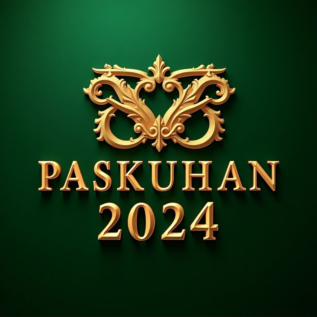 Gold ornate lettering of 'PASKUHAN 2024' against a green background. Intricate detailing on letters. Soft lighting enhances texture and shine. Suitable for branding and decorative purposes.