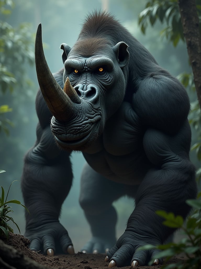 Hybrid creature with features of a gorilla and a rhino. Muscular body with fierce expression. Thick armored skin and menacing horn. Intense eyes and powerful horn visible. Dark environmental background in jungle or volcanic area. Ominous atmosphere demonstrating danger.