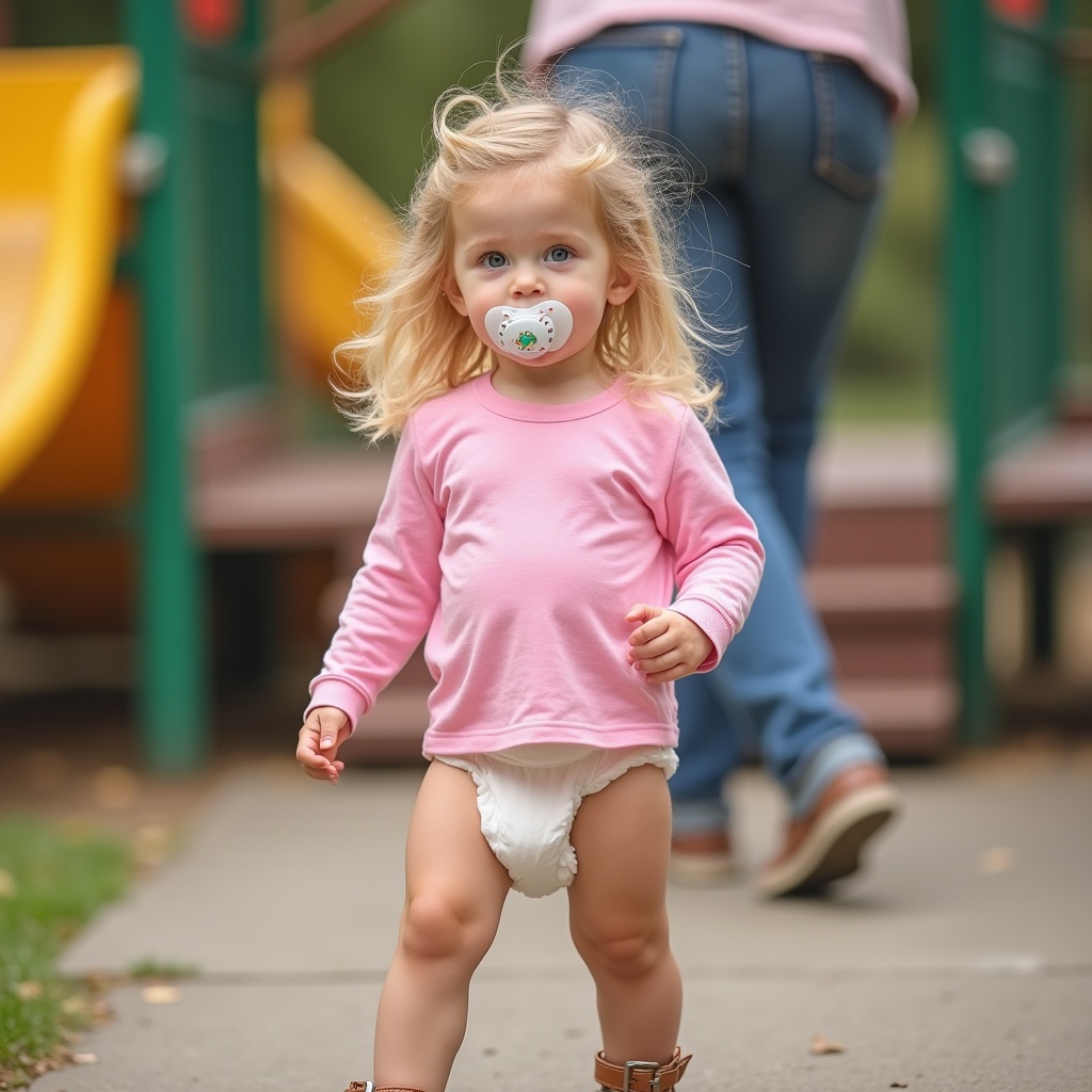 The image features a young child joyfully running at a playground. She has long, blonde hair and wears a long sleeve pink t-shirt with a diaper underneath. A pacifier rests in her mouth as she energetically moves forward. The playground in the background indicates a playful setting, suggesting family fun. There's a parent in the background, hinting at family supervision while the child enjoys her playtime.