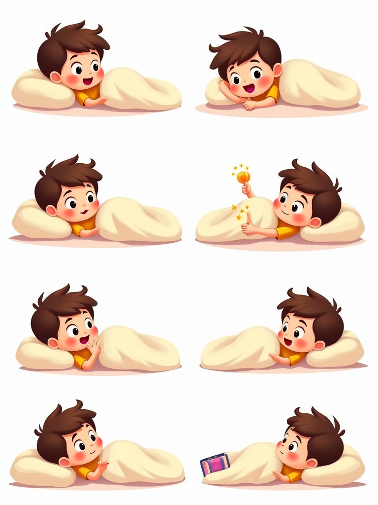 Animated boy character with short hair. Various cheerful poses. Scenes showing emotions like joy and thinking. Character appears to be sick. Suitable for children's media.