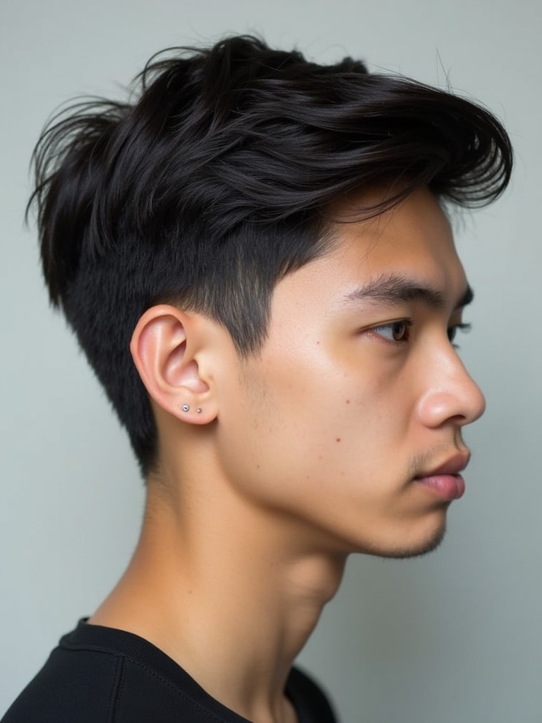 A young man with dark hair in a side profile. Neutral background. Hair distinctly styled.