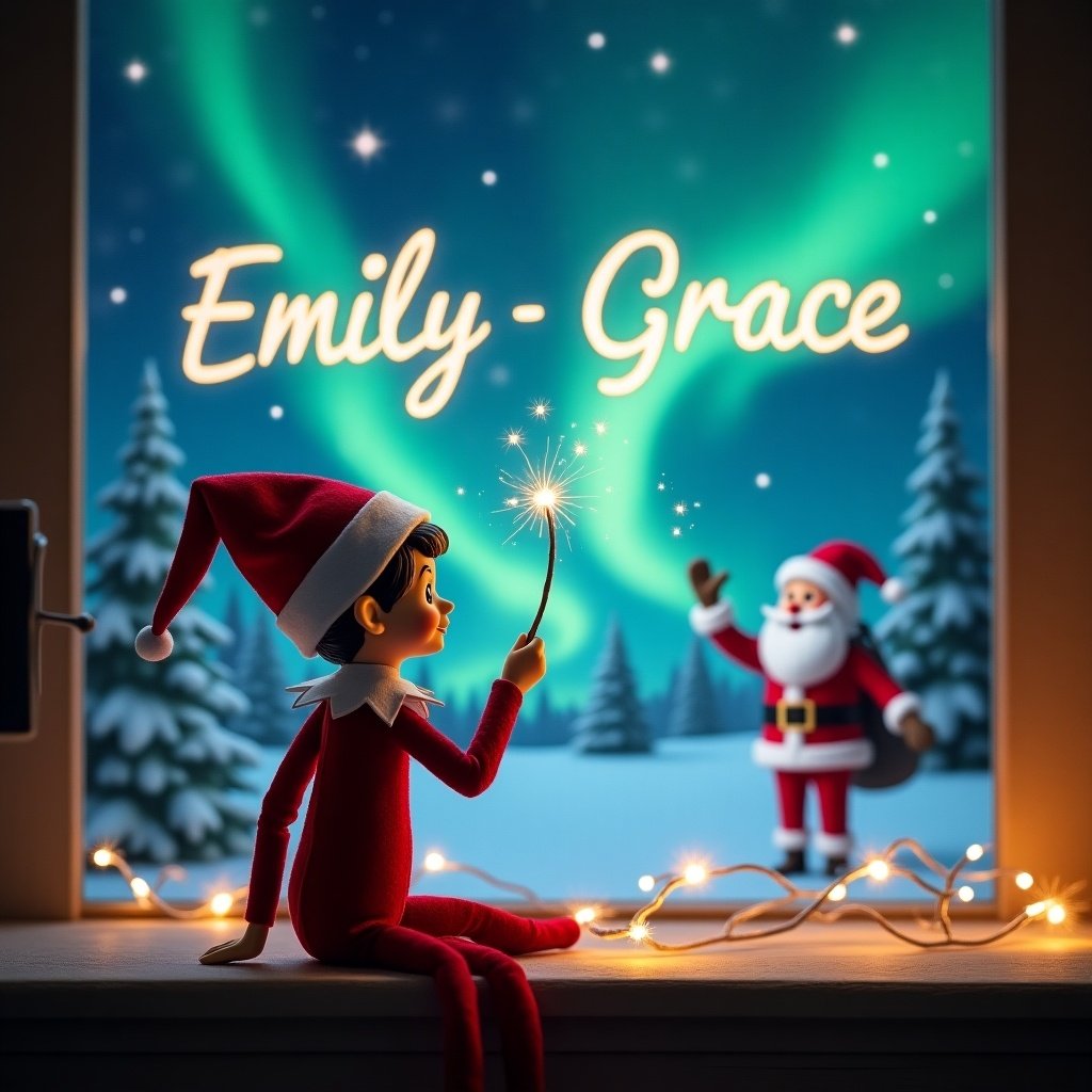 This image features an elf on the shelf sitting with his back towards the viewer. He is gazing up at the magical night sky, where he uses a wand to elegantly write the names 'Emily - Grace' amidst the vibrant northern lights. In the background, Santa Claus can be seen, adding to the festive atmosphere. The scene is illuminated with soft, whimsical lighting, enhancing the magical feel of Christmas. The overall vibe is cheerful and enchanting, perfect for the holiday season.