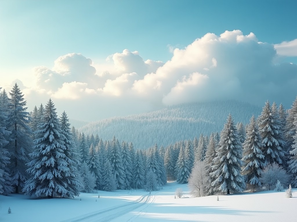 a serene snowy landscape with tall pine trees under a clear blue sky, fluffy clouds adding to the tranquil setting, perfect winter wonderland scene