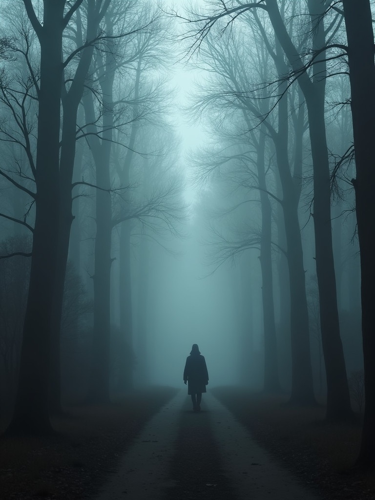 Image of a solitary figure walking along a narrow path in a dense foggy forest. Towering bare trees create an eerie atmosphere. Dim light filters through mist. Path stretches invitingly yet forebodingly ahead.