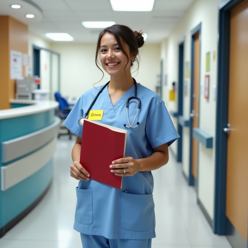 The image shows a healthcare professional standing in a hospital or medical facility. The individual is dressed in light blue scrubs and is holding a red folder. They have a yellow name tag visible on their chest. In the background, there is a reception desk, medical equipment, and a door leading to another area, emphasizing the healthcare setting. This creates a sense of professionalism and care, typical of medical environments. The smiling expression of the person adds a welcoming touch to the scene.