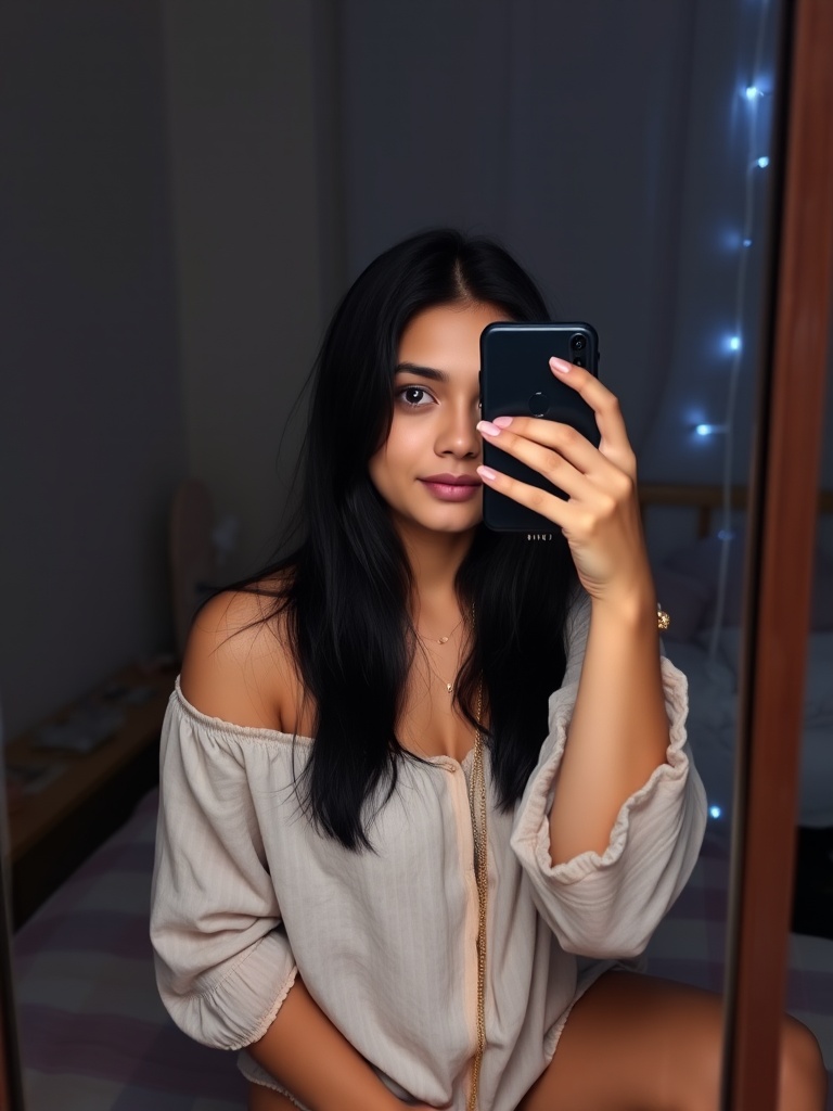 A woman taking a mirror selfie in a softly lit room.