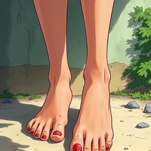 Character with red painted toenails under bright lighting. Feet prominently displayed on a sandy surface with green plants in the background. Vibrant and detailed anime style. The character exhibits subtle details of perspiration.