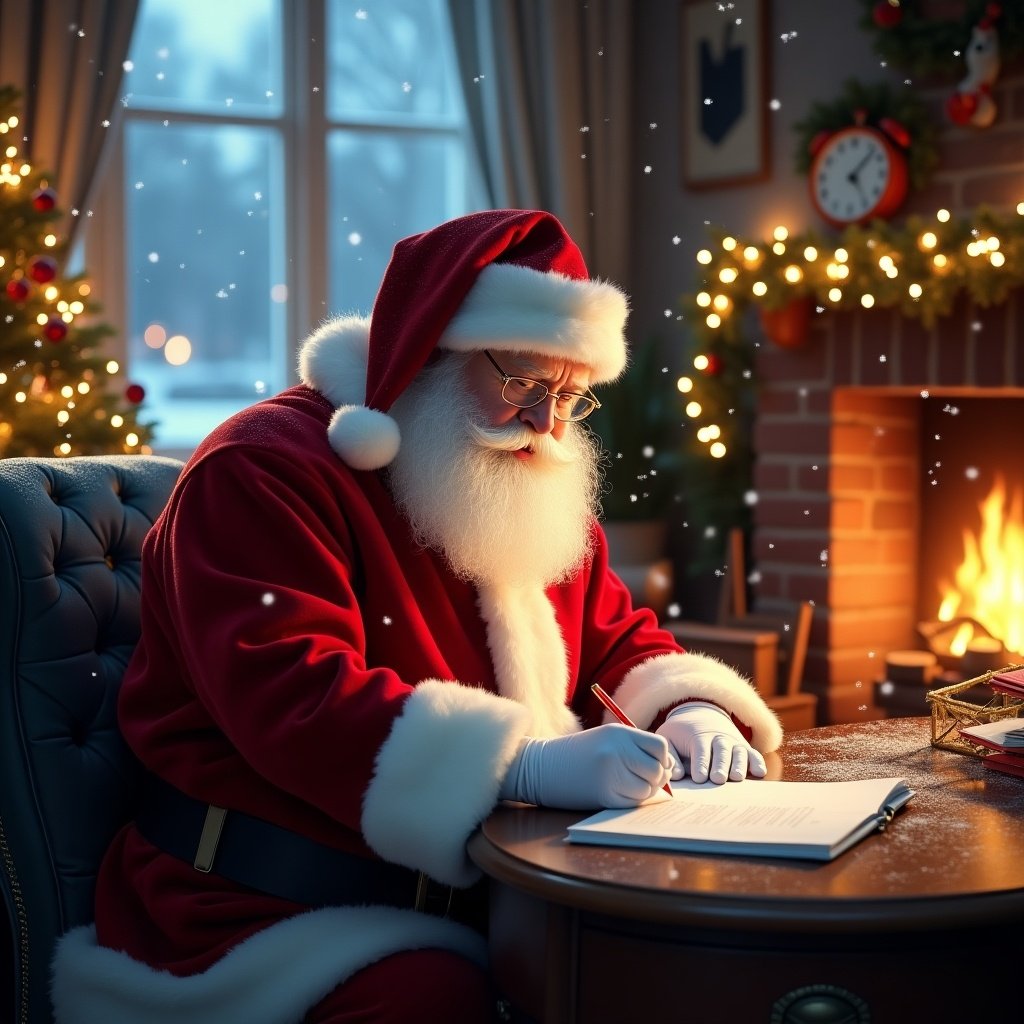 Santa Claus in a red suit sits at a wooden desk. He writes a letter with snowy scenes outside. Warm glow from a fireplace and Christmas decorations in the background.