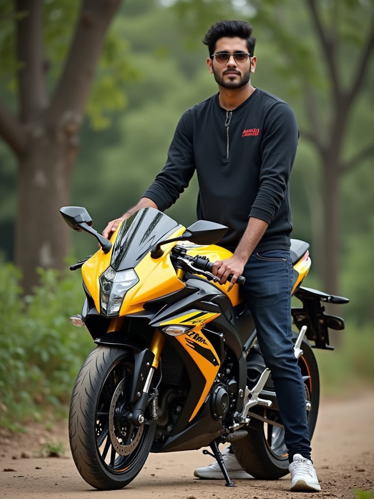 Yellow motorcycle stands on a dirt path. Rider poses confidently next to the bike. Lush green trees surround the scene.