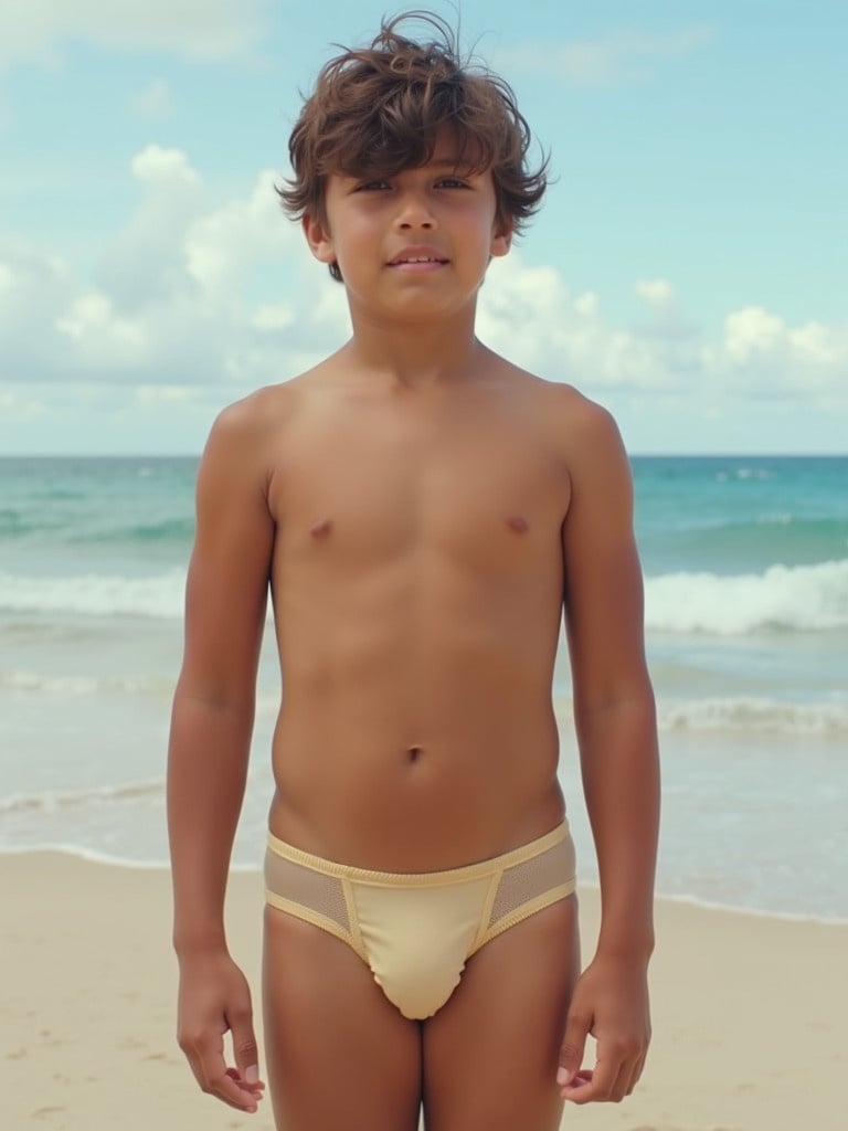 A young boy with a slim build stands shirtless on the beach. He wears a beige small g-string loincloth. The beach features clear blue water and a bright sky.