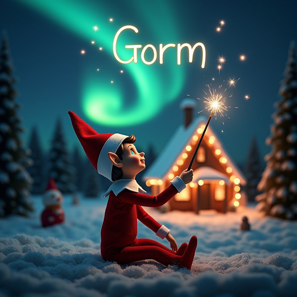 An elf on the shelf sits with its back to the viewer, gazing skyward. It holds a glowing wand that emits sparkling light, creating an enchanting effect in the air. The background showcases a charming Christmas scene, where colorful northern lights swirl above a cozy house decorated for the holidays. Snow blankets the ground, enhancing the winter atmosphere and providing a magical touch. The elf embodies the spirit of magic and wonder that is often associated with Christmas. The name ‘Gorm’ is written in the air with the wand, adding a personal and cheerful element to the scene.