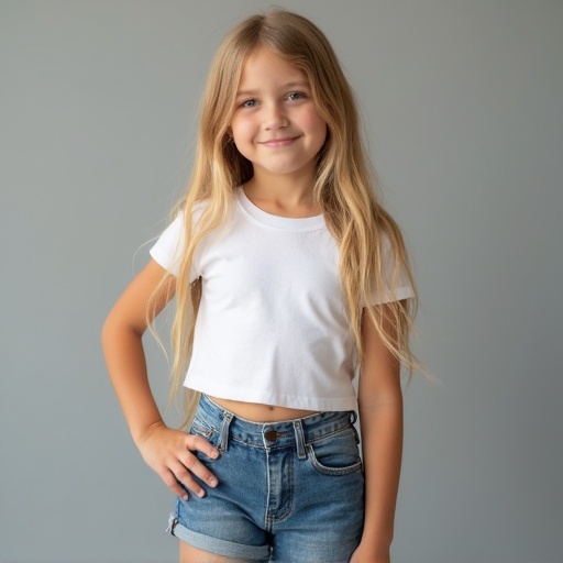 A seven-year-old girl with long blonde hair wears a white crop top and denim shorts. Background is soft gray enhancing the scene. Soft lighting creates warmth. She poses relaxed with one hand on her hip showing confidence. The image captures childhood moments emphasizing comfort and innocence.