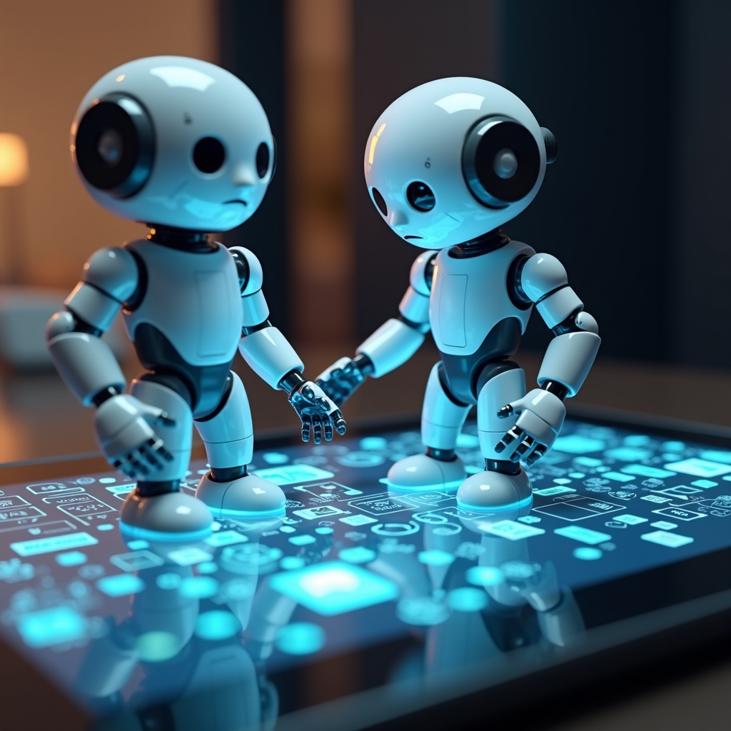 Two small humanoid robots stand on a glowing digital surface, appearing to interact with each other.