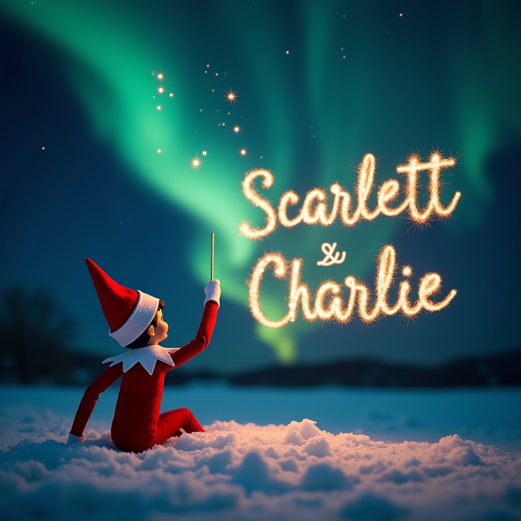 This enchanting scene features an elf on the shelf, dressed in a traditional red outfit, sitting with its back to the viewer. The elf is gazing upwards at a stunning dark sky illuminated by vibrant northern lights. Holding a magic wand, it writes the names Scarlett and Charlie in sparkling letters against the breathtaking backdrop. The soft, snowy ground adds a serene quality to this magical moment. Overall, the atmosphere is filled with wonder and holiday joy, perfectly representing the Christmas spirit.