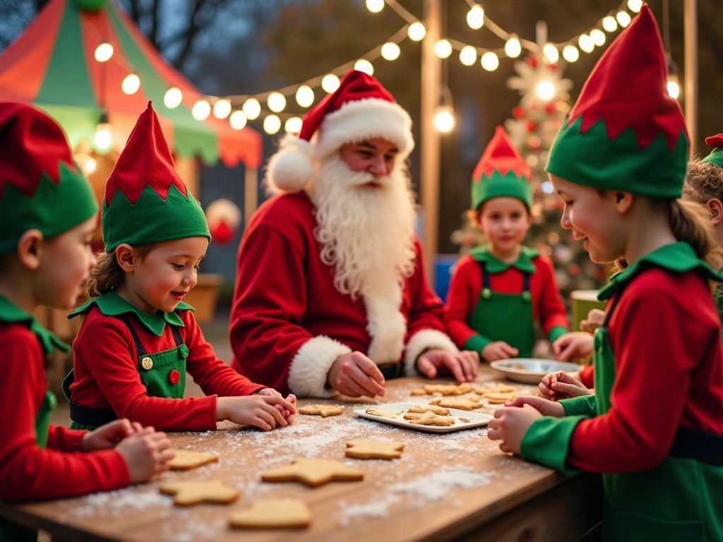 In a festive setting, Santa Claus is surrounded by joyful children dressed as elves. They are engaged in baking cookies, placing cookie shapes on a decorated table. The backdrop includes colorful tents and bright string lights, creating a cheerful atmosphere. It captures the joy and spirit of a holiday celebration. The scene is filled with warmth and excitement, showcasing a beloved Christmas tradition.