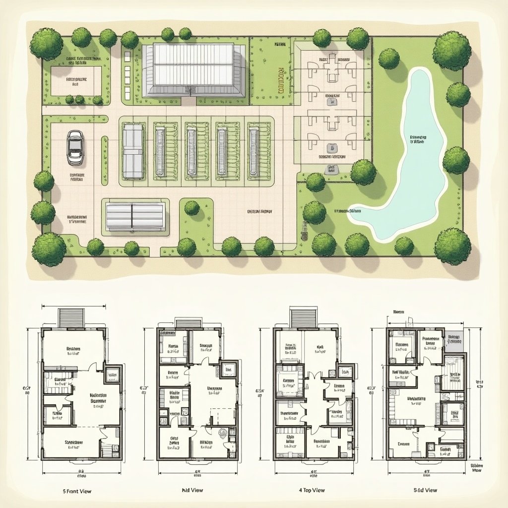 Plan of a functional farm layout showing stables dormitories greenhouses water facilities pathways green spaces. Sections including dairy unit for cows pond crop production area with labels for crops structures. Engineering drawing includes front view top view side view dimensions in metric units featuring circles angles additional notations for radii diameters. Four distinct house layouts of 6 x 8 squares each.