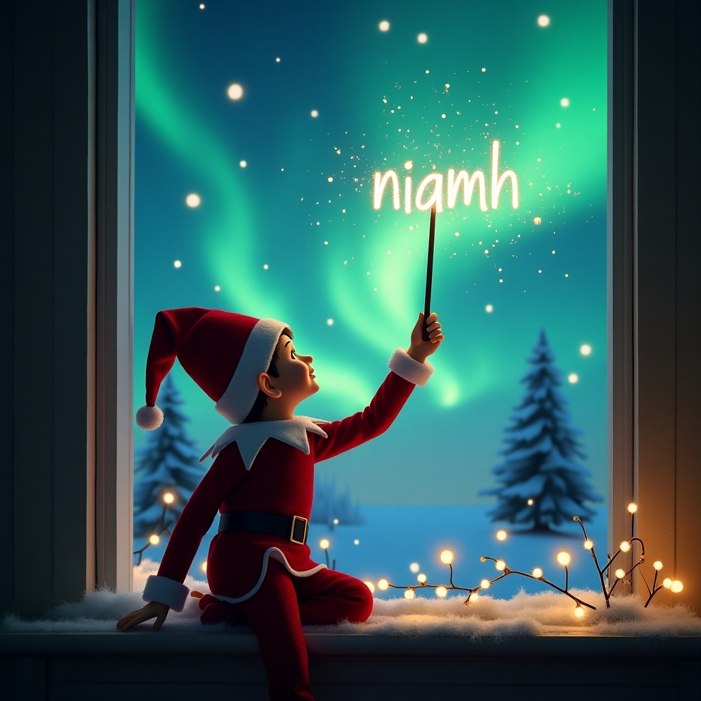 A delightful Christmas scene featuring an elf on the shelf with his back to the viewer. The elf is facing the sky, using a wand to magically write the name 'niamh' against a backdrop of vibrant northern lights. The room is cozy, adorned with festive decorations and softly lit with glowing lights. Outside the window, a winter wonderland can be seen with snow-covered trees and the enchanting glow of the auroras. This image embodies the magic of the holiday season and the joy of childhood wonder.