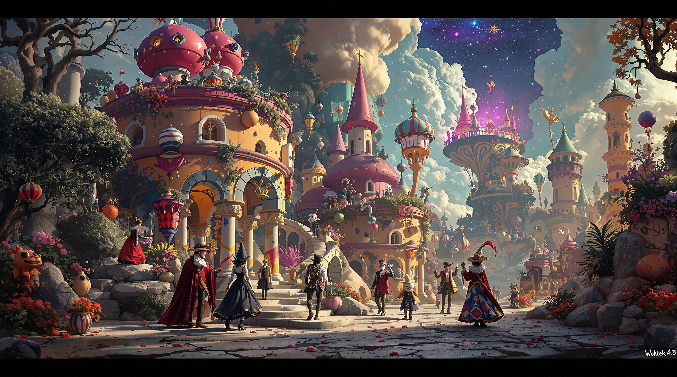 Digital art depicting a surreal world. Landscape filled with colorful whimsical buildings inspired by Commedia dell'Arte and Wojtek Siudmak style. Diverse characters in fantastical outfits engage in a lively scene. Ethereal lighting accentuates the vibrant hues. Charming details surround the area.