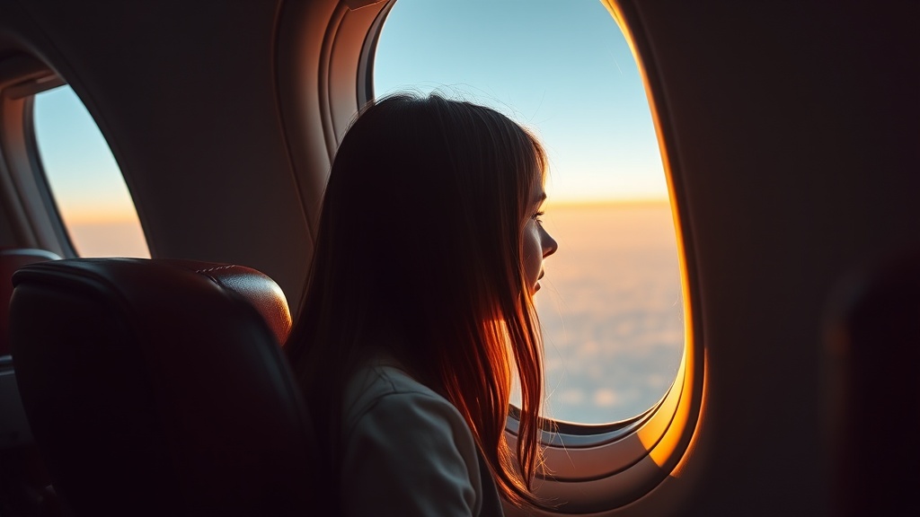 A young girl gazes out of an airplane window, captivated by the sunset sky.