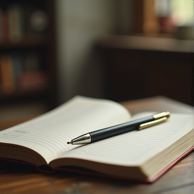 An open journal with a pen resting on it sits on a wooden desk.