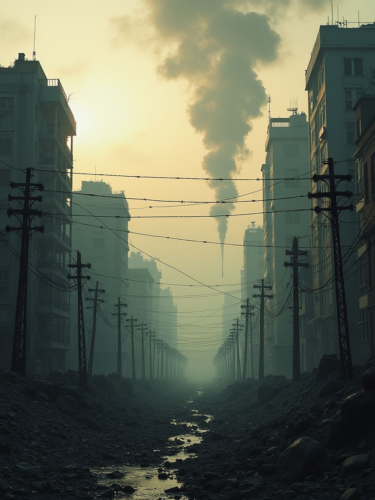 Image shows a crumbling city with smoky skies and barbed wire. Tall buildings are decaying and a stream runs through the city. Power lines are visible in the scene. Smoke rises from industrial structures. Overall atmosphere is ominous and haunting.