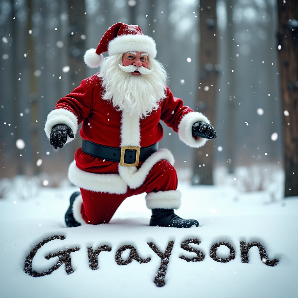 Santa Claus dressed in a red suit with white trim. He writes 'Grayson' in the snow. Soft snowflakes fall around him. Trees in the background are bare and frosty.