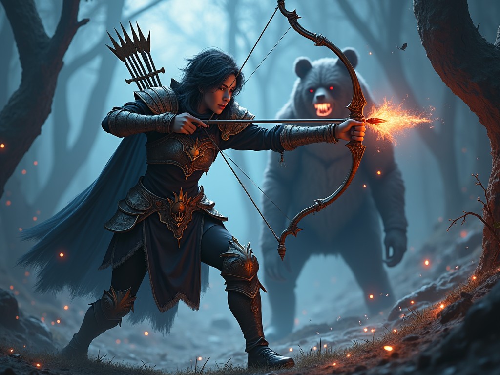 A fierce warrior clad in dark, intricately detailed armor takes aim with her bow, ready to release a flaming arrow. Her expression is one of concentration and determination. Behind her stands a menacing bear with glowing red eyes, emerging from the misty, enchanted forest. The atmosphere is tense, with the soft glow of the arrow illuminating the scene, highlighting the rich textures of both the warrior's armor and the forest around her.