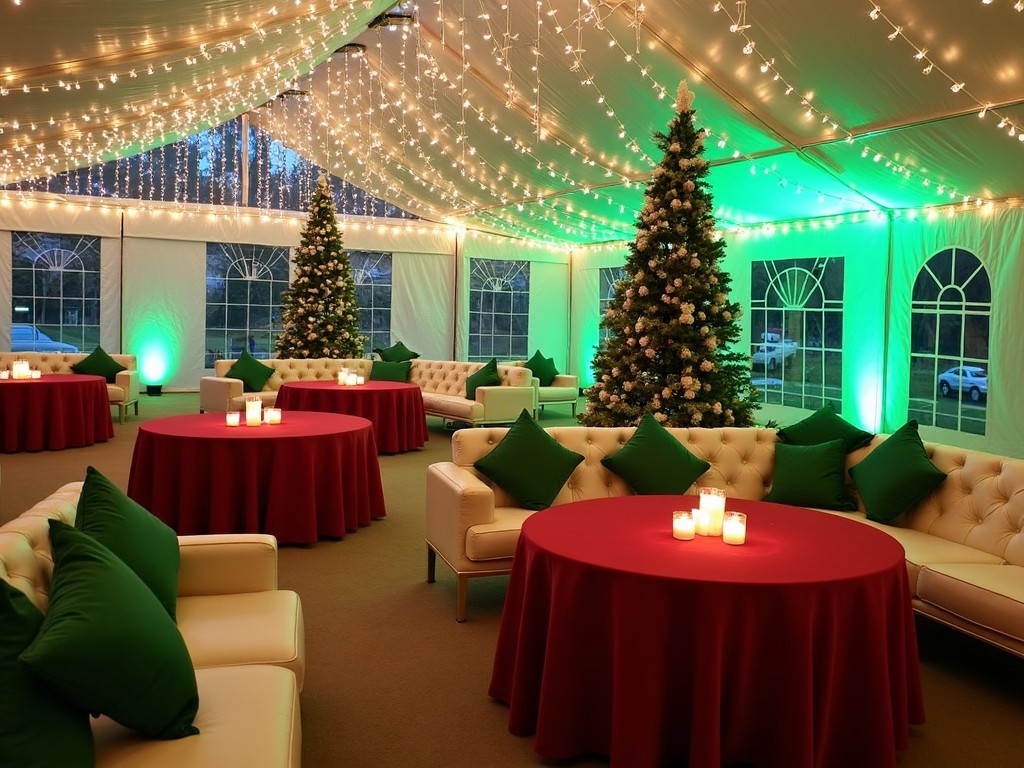 This image showcases a beautifully decorated event space for a holiday celebration. The room is adorned with twinkling fairy lights and two Christmas trees. The tables are covered with red cloth and surrounded by plush white sofas with green cushions. Soft candlelight adds a warm ambiance, inviting guests to relax and enjoy the festivities. The overall atmosphere is elegant and festive, perfect for a holiday get-together.