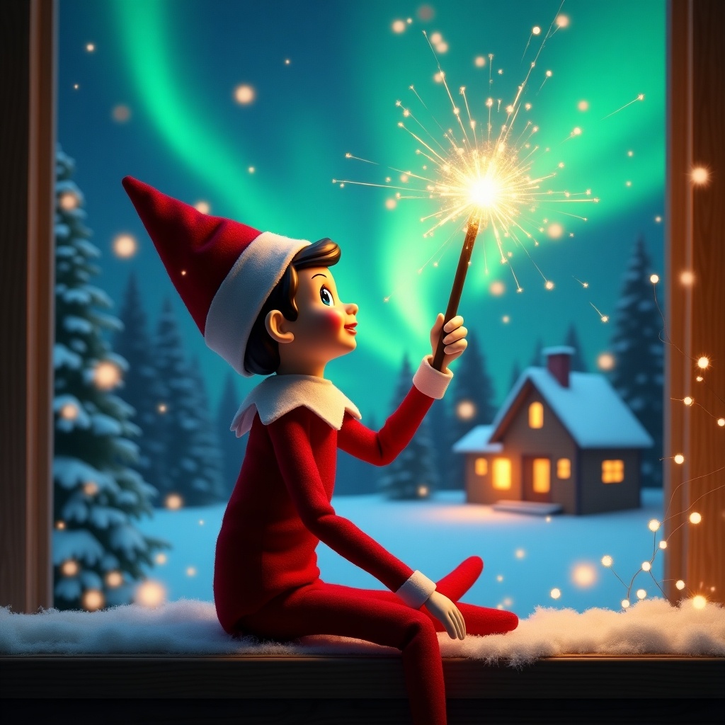 Elf on the shelf sits with its back to the viewer.Gazes skyward while holding a glowing wand.Charming Christmas scene with colorful northern lights.Cozy house in the distance.Snow on the ground.Elf embodies magic and wonder of Christmas.Words ‘you must clean your room’ appear in the air from the wand.