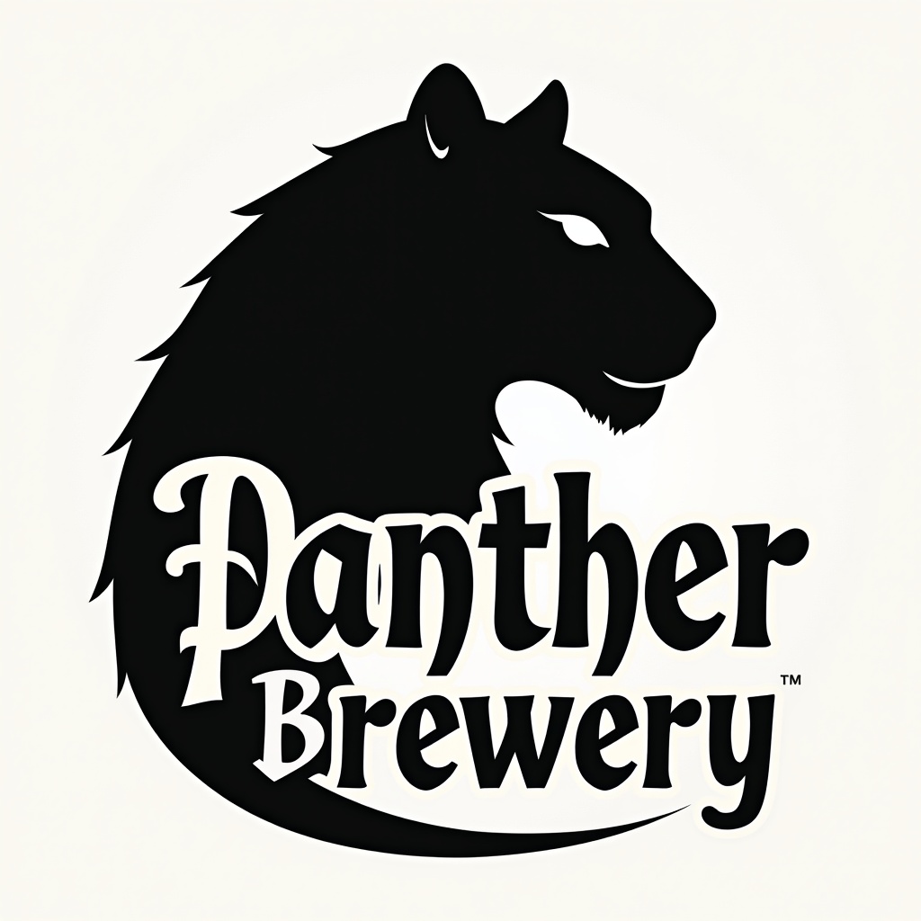 Vector logo with a silhouette of a panther. Simple shapes and lines. Minimal black and white design. Old English traditional folk art style. Medieval illustration style with the words 'Panther Brewery' in round, swirling serif typeface.