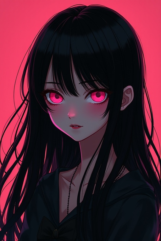 A girl with long black hair. She has pink eyes. The background is a solid pink color. The image has a soft lighting effect.