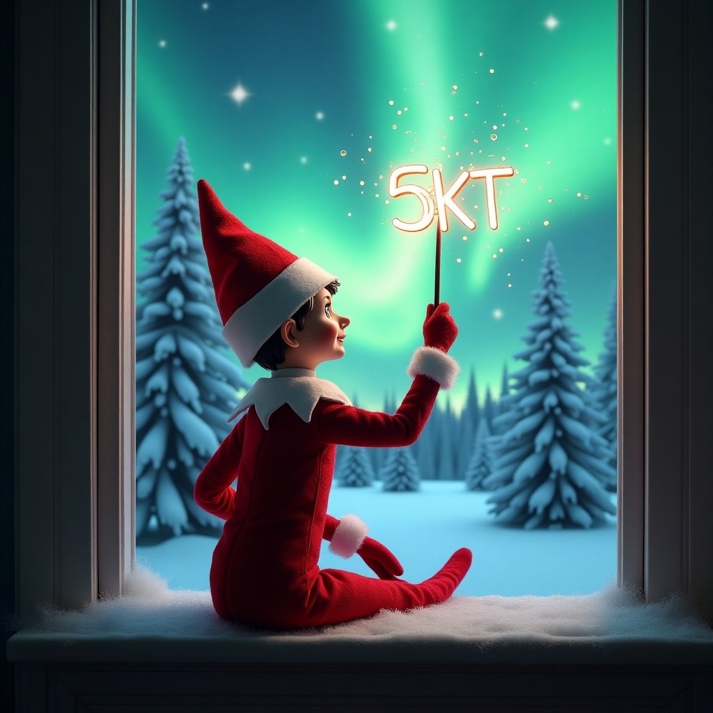 Image of an elf on a window ledge. The elf is writing '5KT' with a wand. Background shows northern lights and snow-covered trees. The elf wears a red outfit with white trim. Scene evokes a festive holiday vibe.