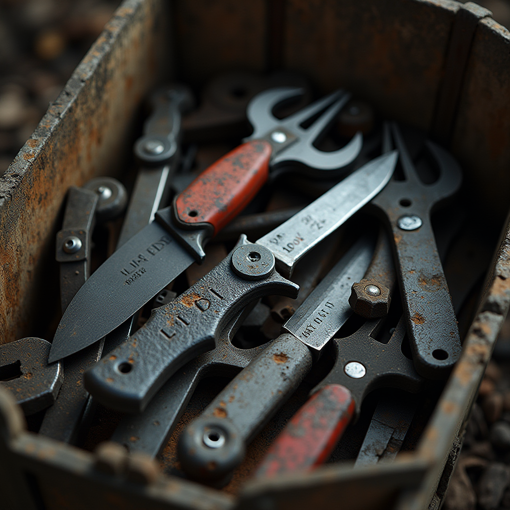 A collection of vintage multi-tools with black and red handles, arranged inside a weathered wooden box.