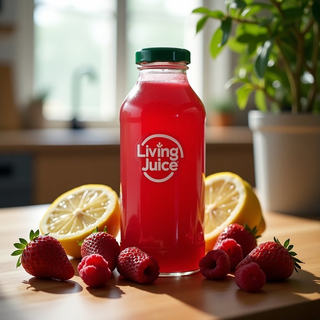 A clear glass bottle contains a vibrant red juice labeled Living Juice. It sits on a wooden kitchen counter surrounded by strawberries, raspberries and sliced lemons. Soft lighting fills the cozy kitchen, and a sprig of green leaves adds freshness to the scene.