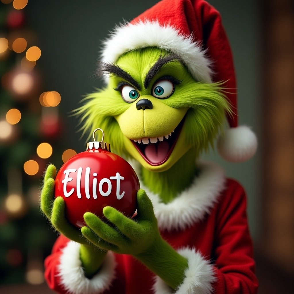 The Grinch smiles while holding a Christmas ornament. The ornament has the name Elliot. The Grinch wears a Santa hat and is surrounded by a festive background.