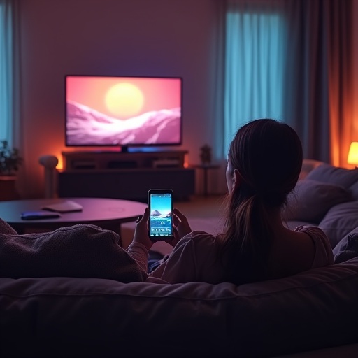 Woman sitting on a couch holding a smartphone. The television displays a vibrant sunset scene. Ambient lighting fills the room with warmth. Furniture is soft and inviting. Room appears cozy and modern.