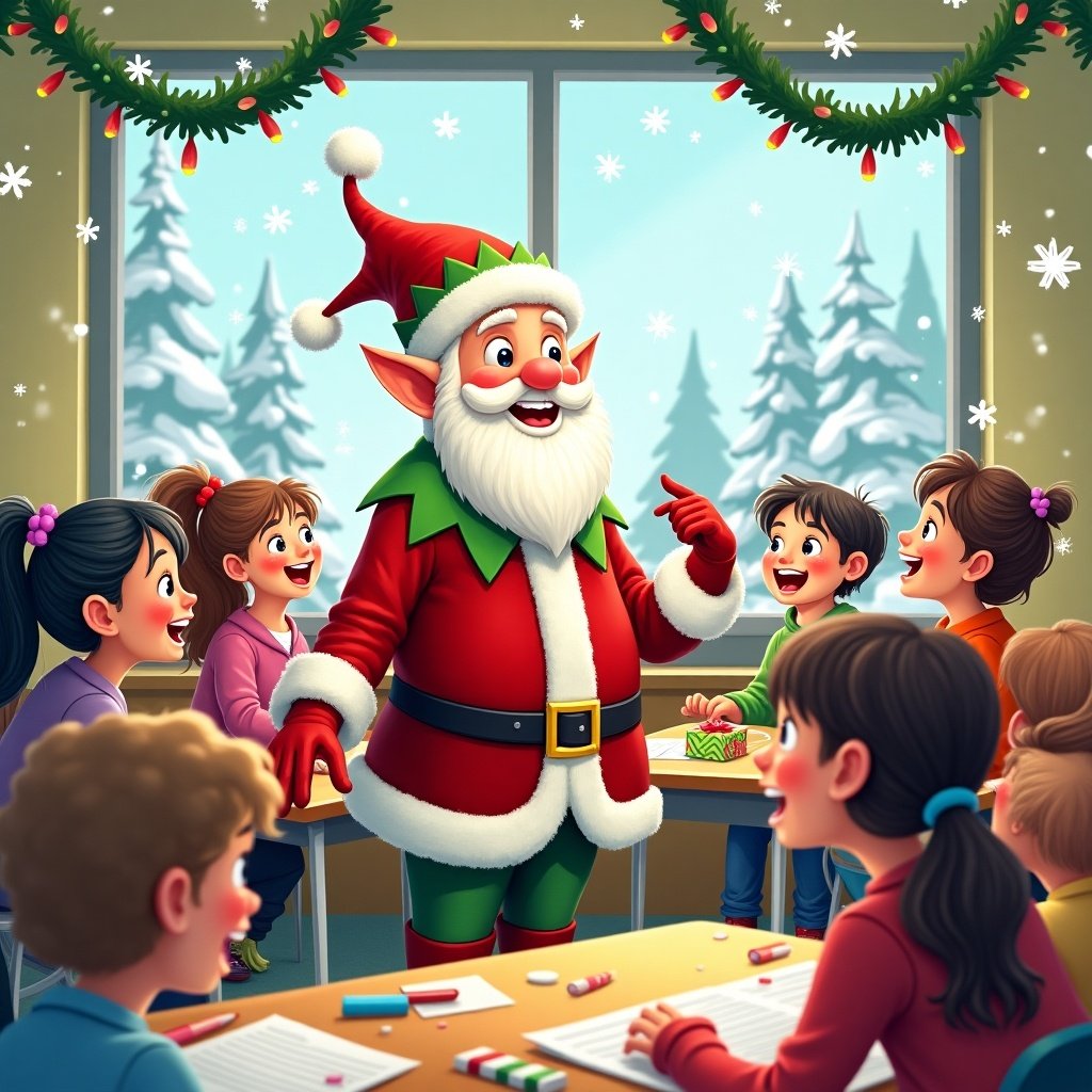 A cheerful elf named Elfis interacts with children in a festive classroom. The room is decorated for Christmas with lights and a tree. The elf is wearing a red and white outfit and is engaging the students in holiday activities.