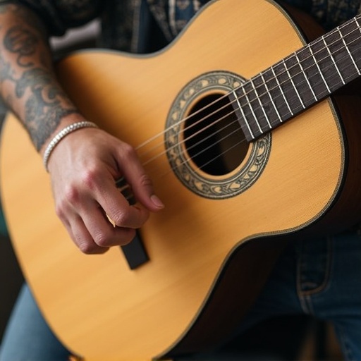 Close-up image of a hand playing an acoustic guitar from a top-down perspective. Focus on the guitar strings and hand technique. Ideal for showing chord shapes and fingerstyle techniques. Provides a detailed view for explaining music concepts.