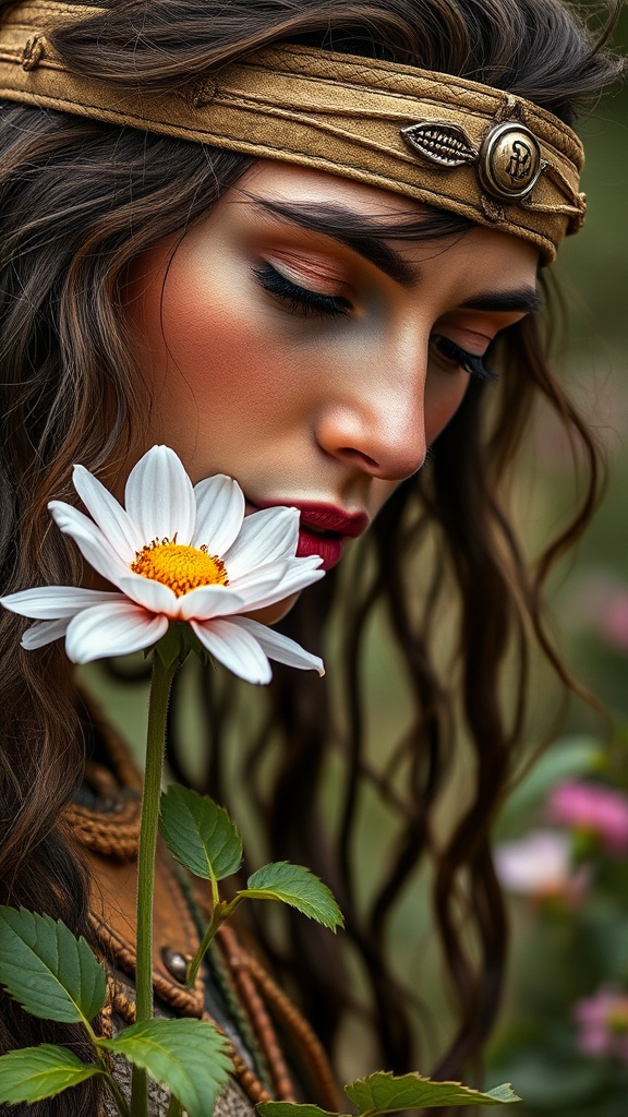 A contemplative woman adorned in a vintage-style headband with a leaf motif gently leans towards a white daisy. Her closed eyes suggest a moment of introspection, while the soft background accentuates her sharp features and the simplicity of the flower. The harmony between her earthy tones and the natural setting creates a serene and timeless atmosphere.