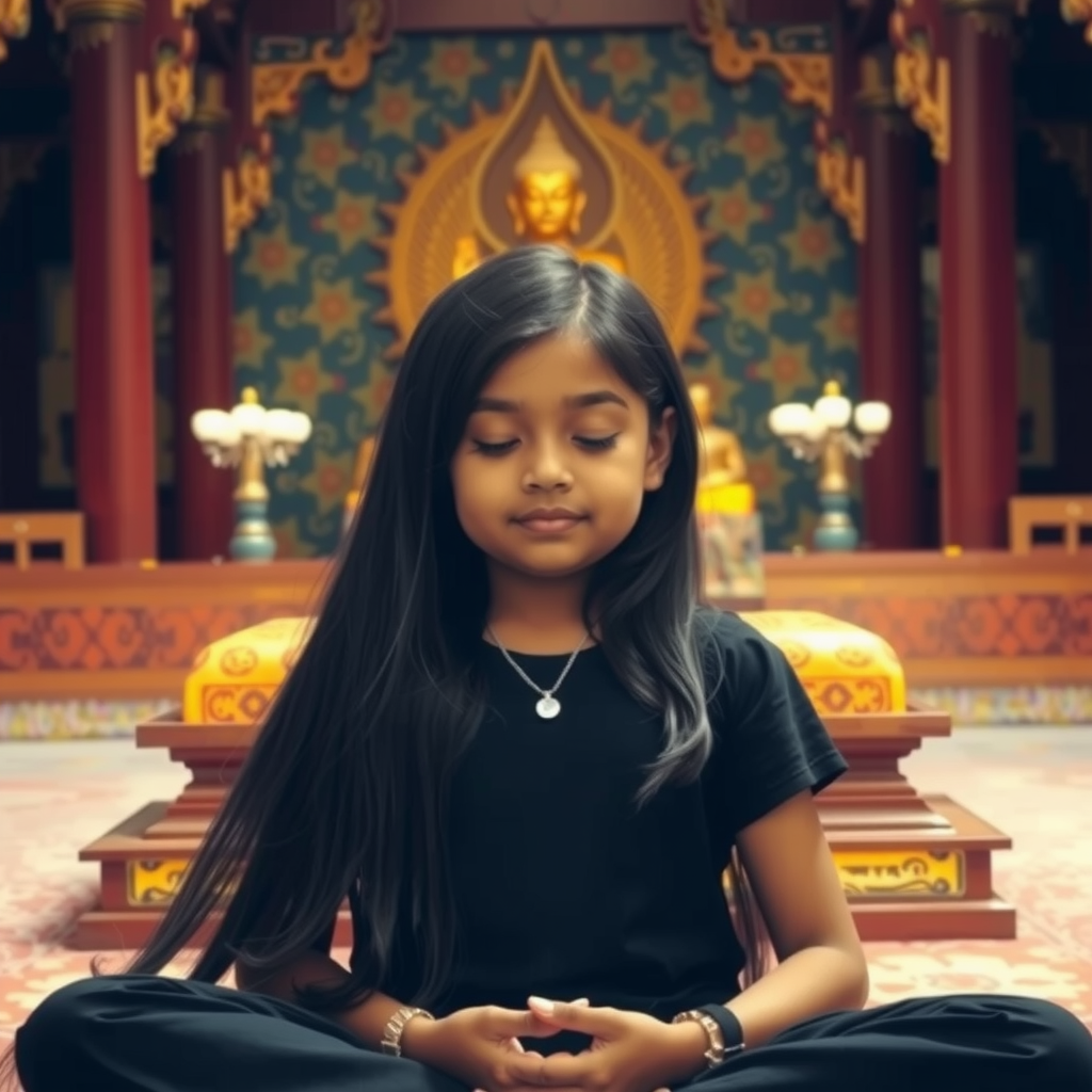 A young girl meditates peacefully in a richly decorated temple setting.