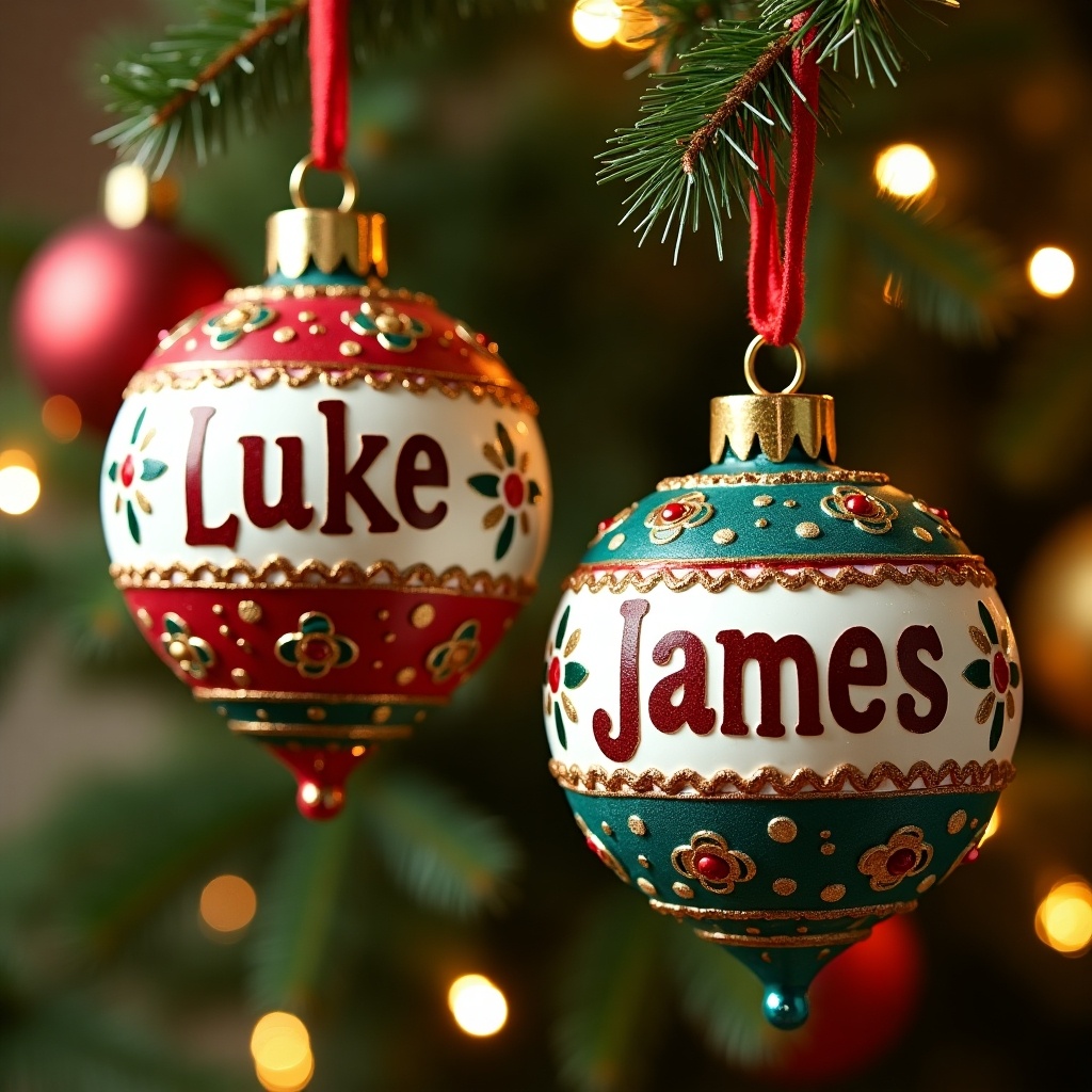 This image features two beautifully crafted Christmas baubles hanging from a tree branch. One bauble is red with the name 'Luke' while the other is teal with the name 'James'. Both ornaments are adorned with intricate floral patterns and golden details. The background includes blurred Christmas lights, enhancing the festive atmosphere. This scene evokes a warm, holiday spirit, perfect for any Christmas celebration.