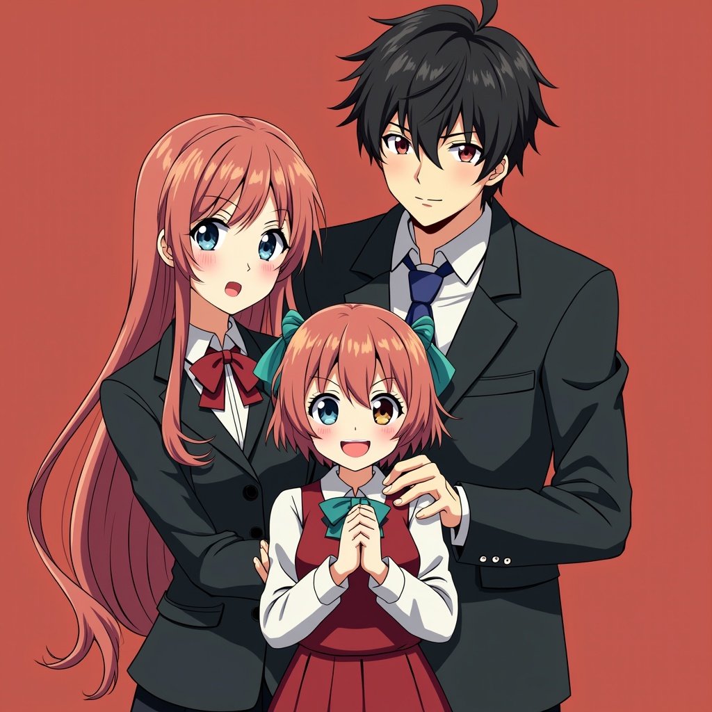 Image features three characters in formal wear. Characters are a mother, father, and daughter. The family appears happy together. They are standing close to each other.