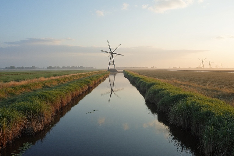 Image depicts Winterdijk in the Netherlands. A large windmill stands near water. Lush grasses line the canal. Morning light illuminates the scene. The windmill reflects in the still water. Fields stretch into the distance.