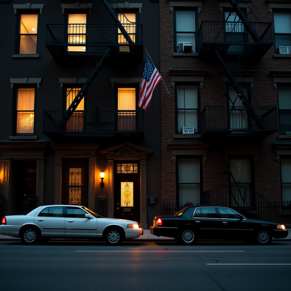 A dimly lit street scene showing two parked cars in front of a building with lit windows and a hanging American flag.