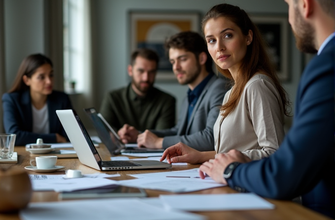 A group of people in a meeting around a table with laptops and papers.