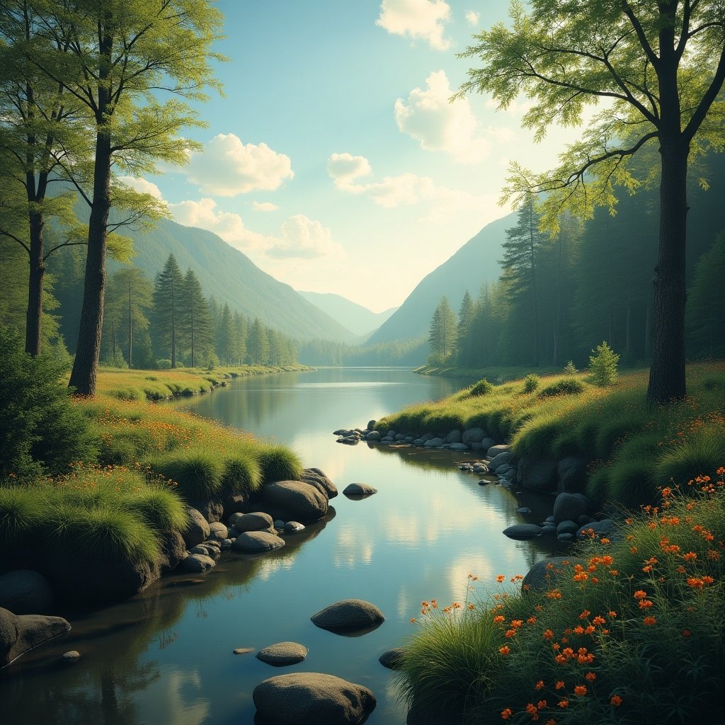 A serene landscape featuring a river surrounded by lush green grass and trees. Mountains rise in the background under a blue sky with fluffy clouds. The scene captures a sense of tranquility and natural beauty.