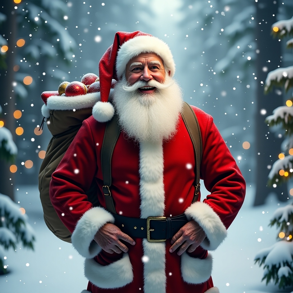 Santa Claus standing in a snowy forest. He has a big bag of gifts. Soft snowflakes are falling. The scene evokes a magical and festive atmosphere.