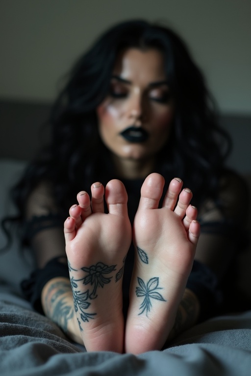 Mature goth woman lies on a bed. Long black hair drapes over her shoulders. Black lips add to the goth aesthetic. Shows tattooed soles of her bare feet. She appears to be sleeping.